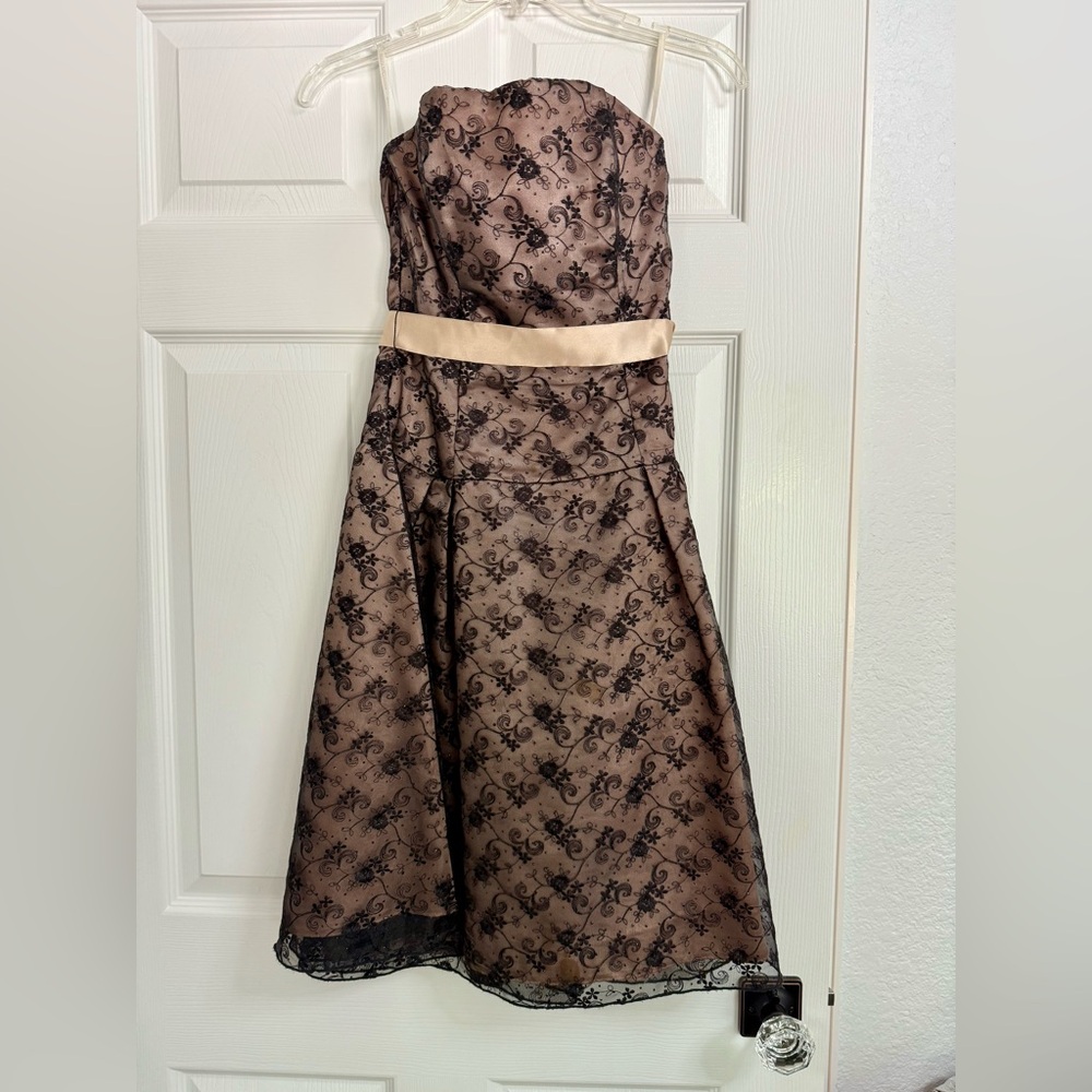 Elegant Champagne Satin Dress overlaid with Black Lace